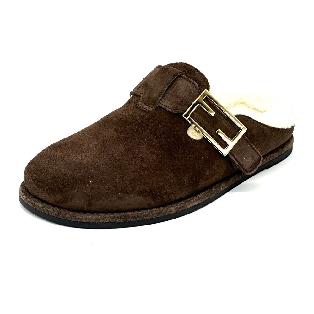 FENDI Feel FF Shearling  Buckled Sabots Mules Slides Flat Clog Sandals - Picture 7 of 16